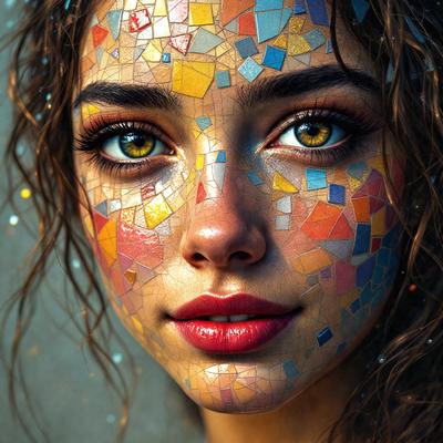 The primary subject of the image is a woman with a unique and artistic appearance. She has a mosaic design on her face, which adds a creative and visually striking element to her look. The setting is a close-up of her face, and the visual style is a combination of photo and digital art. The colors and mood of the image are vibrant and lively, with the woman's face being the main focus of the composition.